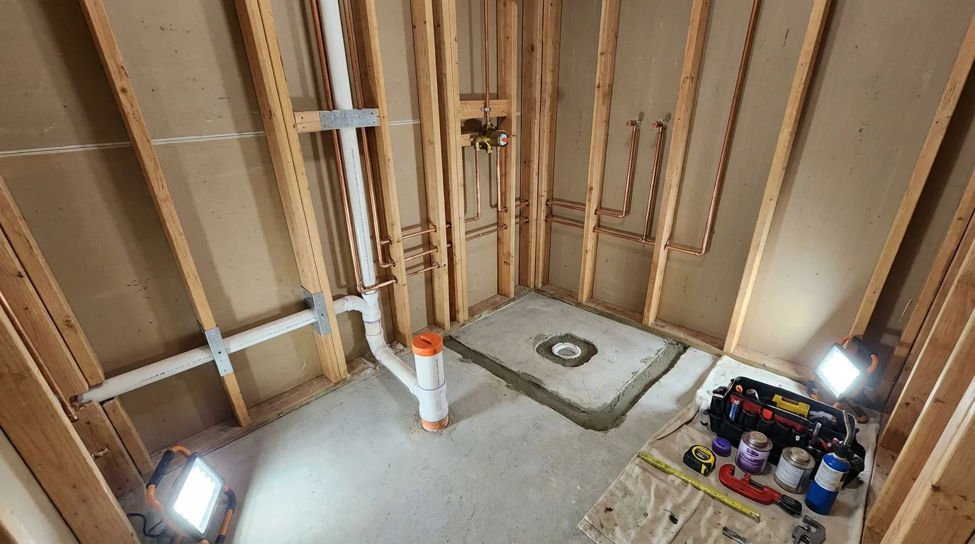 Bathroom rough-in plumbing during remodel by Johns Plumbing LLC in Rohnert Park