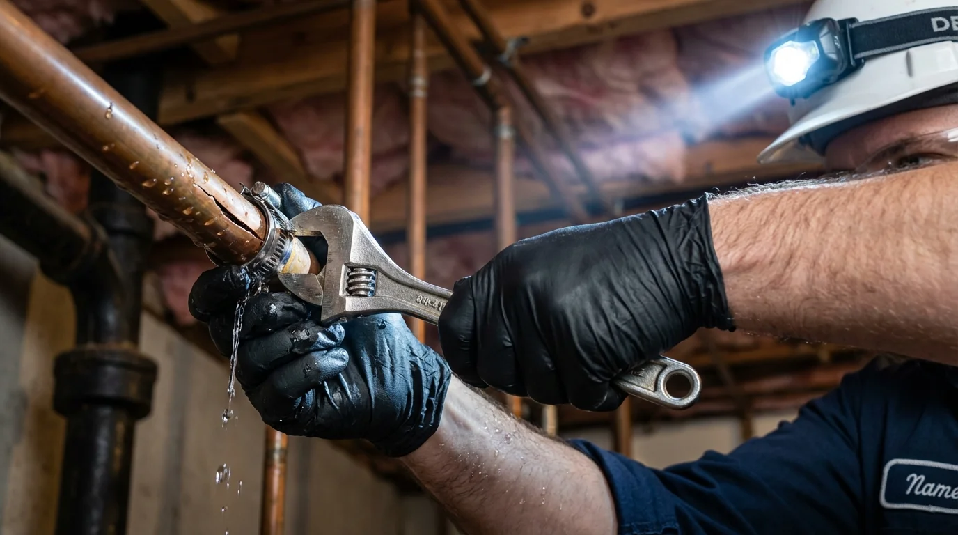 Emergency pipe clamp repair being performed by a Johns Plumbing LLC plumber in Rohnert Park