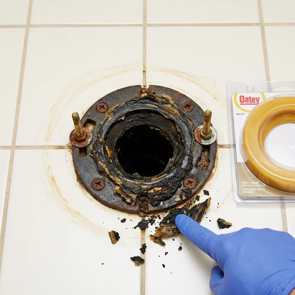 Failed wax ring showing water seepage at the base of a toilet in a Rohnert Park, CA home