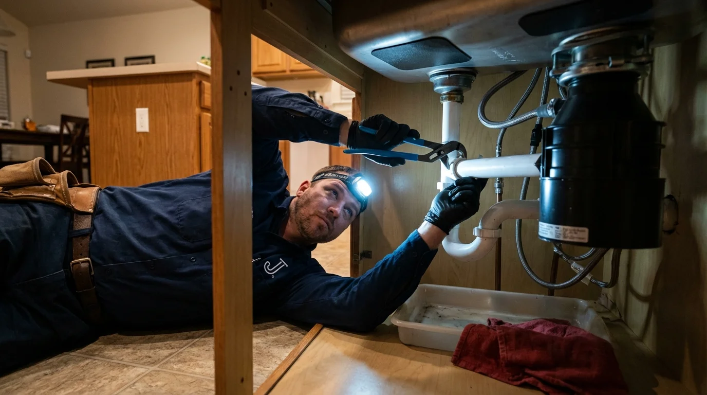 P-trap and supply line connections under a kitchen sink showing a common leak point in Rohnert Park, CA